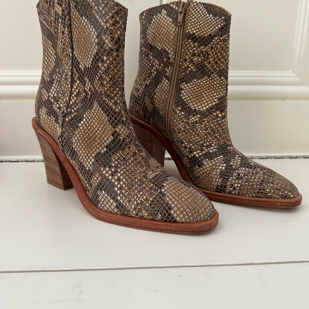 Free People Brown Tan Barclay Heeled Ankle Boots with Snakeskin Print